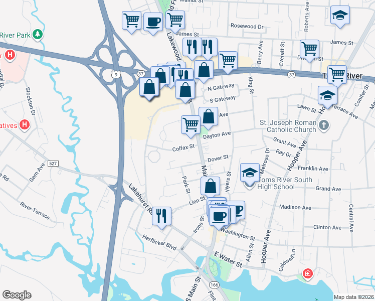 map of restaurants, bars, coffee shops, grocery stores, and more near 20 Colfax Street in Toms River