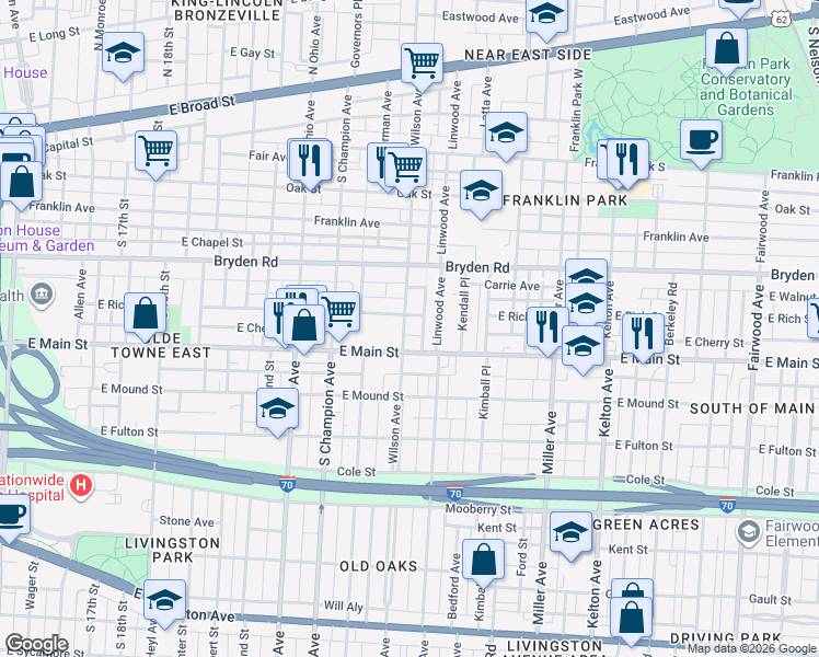 map of restaurants, bars, coffee shops, grocery stores, and more near 362 Wilson Avenue in Columbus
