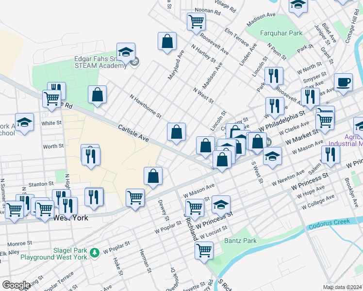 map of restaurants, bars, coffee shops, grocery stores, and more near 833 Linden Avenue in York