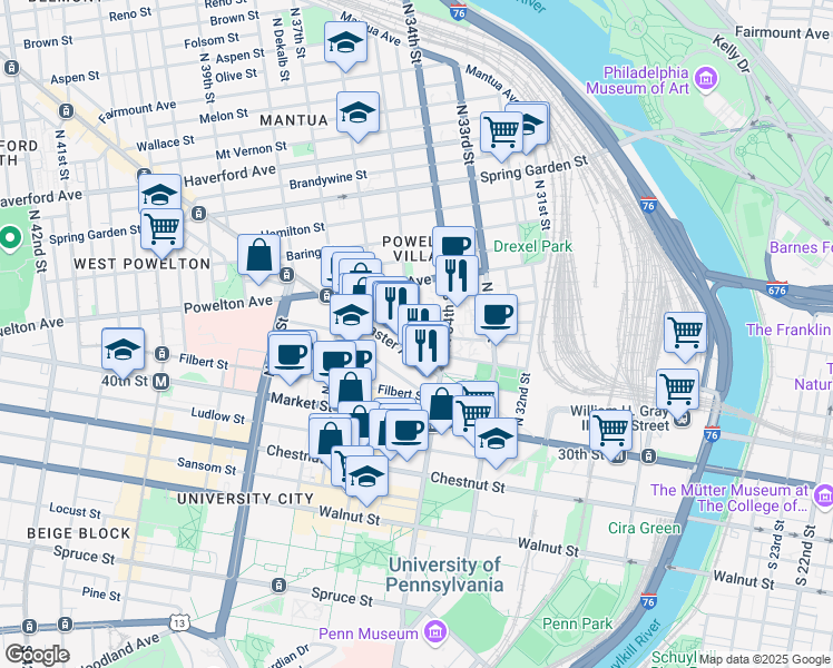 map of restaurants, bars, coffee shops, grocery stores, and more near 3418 Race Street in Philadelphia