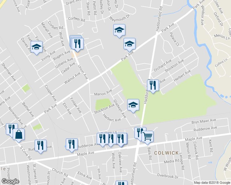 map of restaurants, bars, coffee shops, grocery stores, and more near 7819 Orchard Avenue in Pennsauken Township