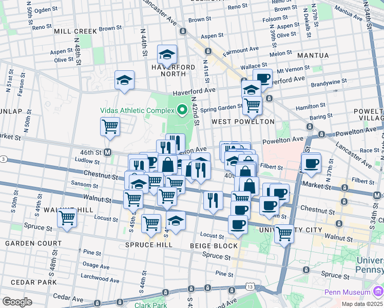 map of restaurants, bars, coffee shops, grocery stores, and more near 4220 Powelton Avenue in Philadelphia