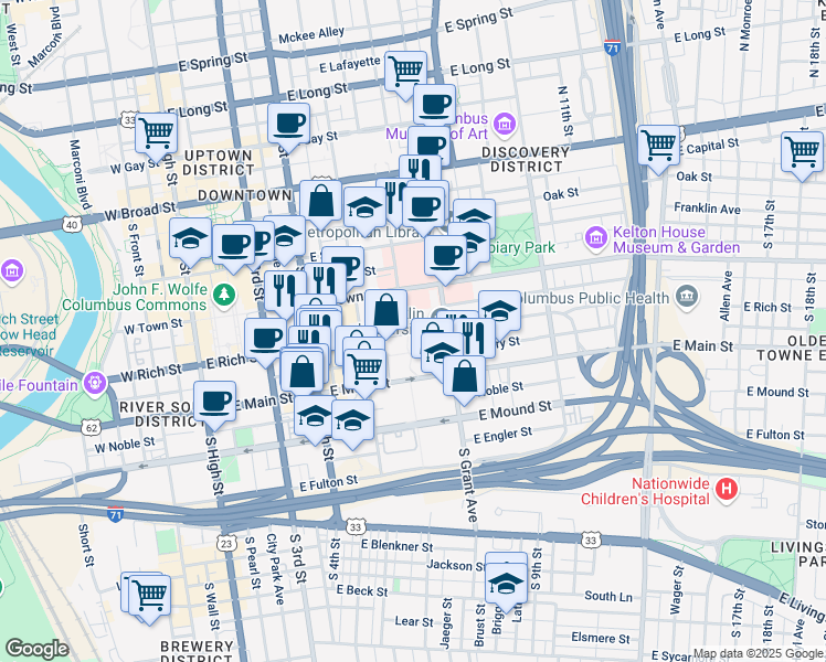 map of restaurants, bars, coffee shops, grocery stores, and more near 256 East Rich Street in Columbus