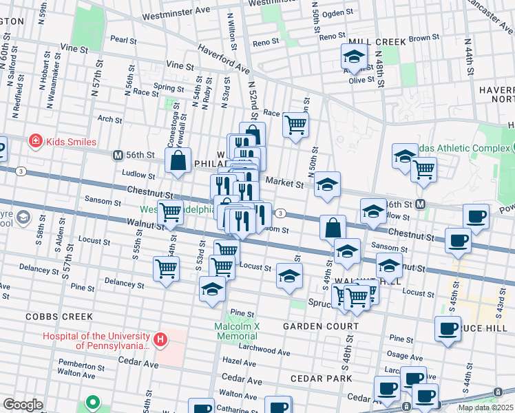 map of restaurants, bars, coffee shops, grocery stores, and more near 5127 Chestnut Street in Philadelphia