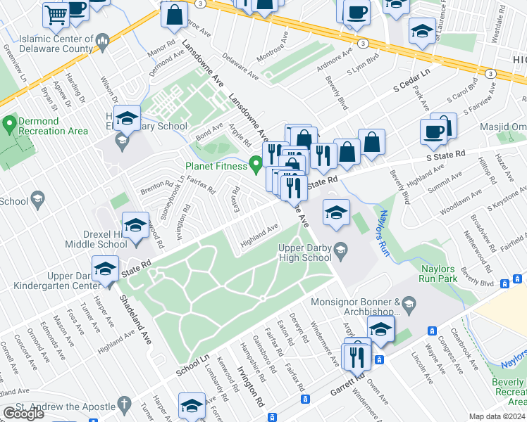 map of restaurants, bars, coffee shops, grocery stores, and more near 743 Derwyn Road in Drexel Hill