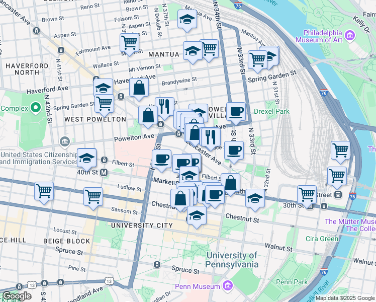 map of restaurants, bars, coffee shops, grocery stores, and more near 3637 Warren Street in Philadelphia