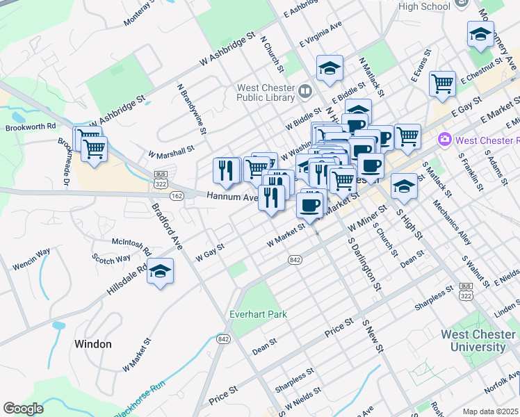 map of restaurants, bars, coffee shops, grocery stores, and more near 118 North Wayne Street in West Chester