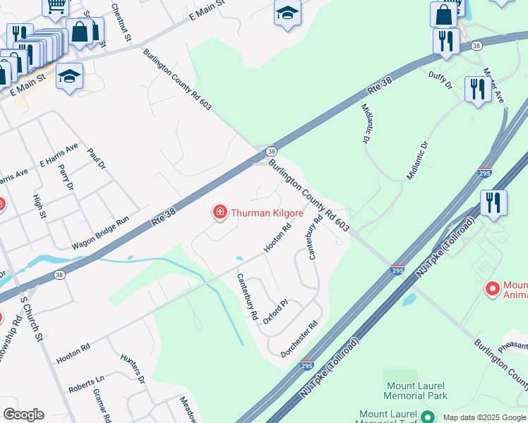 map of restaurants, bars, coffee shops, grocery stores, and more near 5 East Coach Lane in Mount Laurel