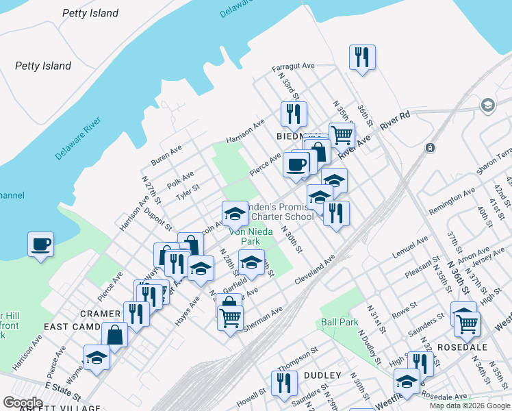 map of restaurants, bars, coffee shops, grocery stores, and more near 1018 Reeves Ave in Camden
