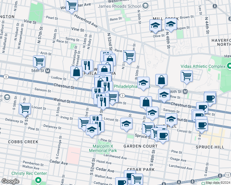 map of restaurants, bars, coffee shops, grocery stores, and more near 5113 Chestnut Street in Philadelphia