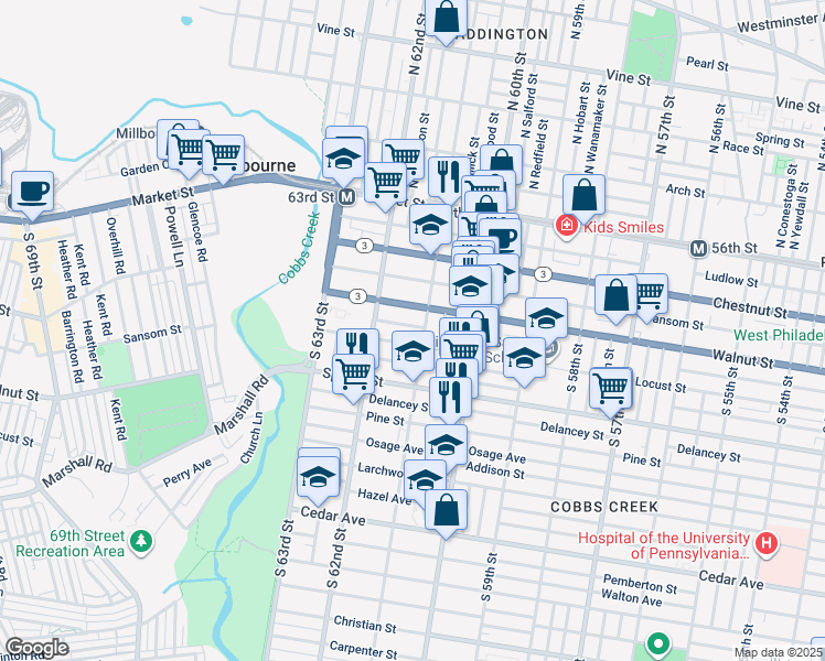 map of restaurants, bars, coffee shops, grocery stores, and more near 6114 Chancellor Street in Philadelphia