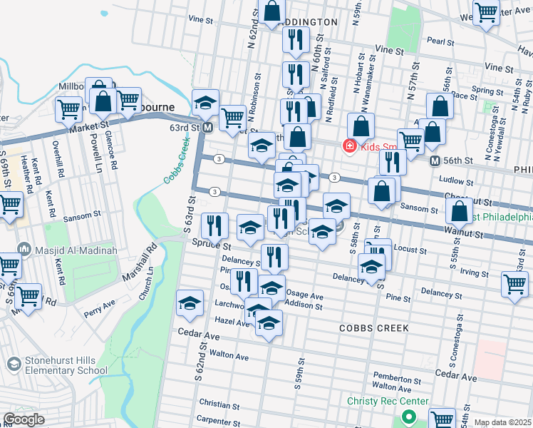 map of restaurants, bars, coffee shops, grocery stores, and more near 222 South Millick Street in Philadelphia