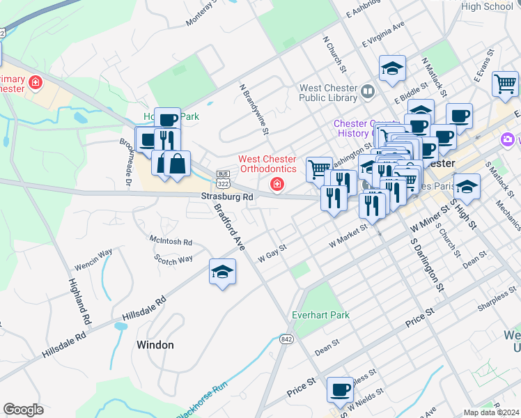 map of restaurants, bars, coffee shops, grocery stores, and more near 222 North Everhart Avenue in West Chester