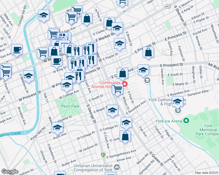 map of restaurants, bars, coffee shops, grocery stores, and more near 340 South Queen Street in York