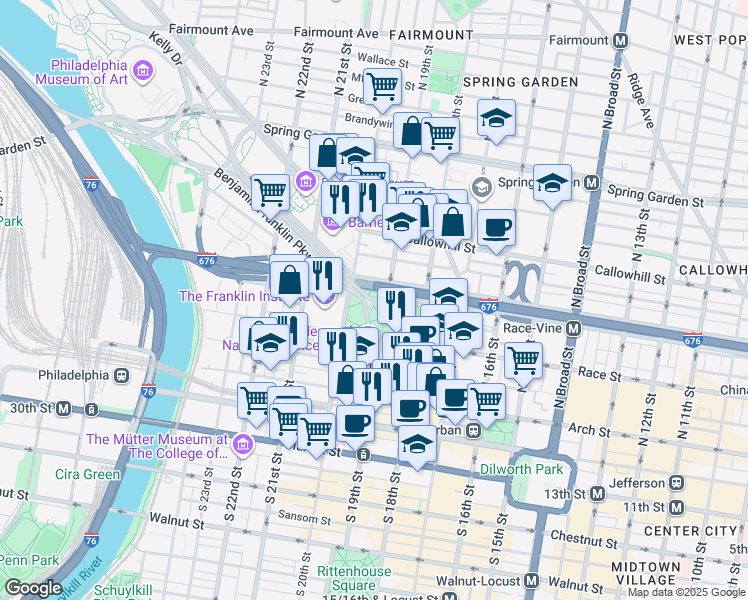 map of restaurants, bars, coffee shops, grocery stores, and more near 1925 Benjamin Franklin Parkway in Philadelphia