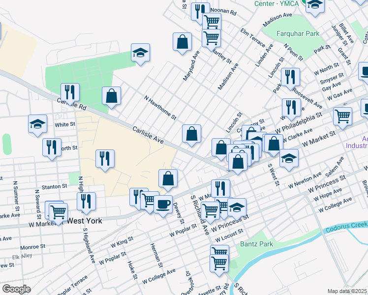 map of restaurants, bars, coffee shops, grocery stores, and more near 233 Pennsylvania 74 in York