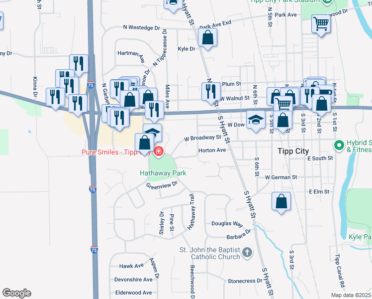 map of restaurants, bars, coffee shops, grocery stores, and more near 22 Regency Square in Tipp City