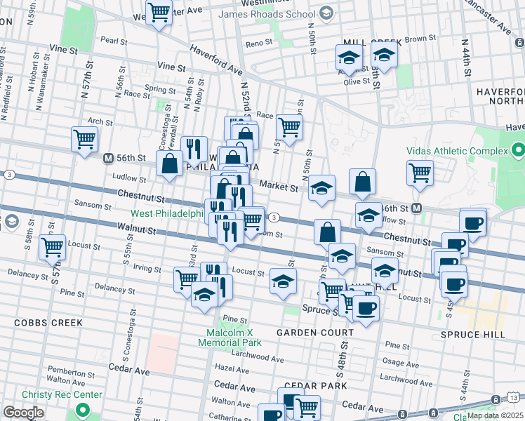 map of restaurants, bars, coffee shops, grocery stores, and more near 36 South 51st Street in Philadelphia