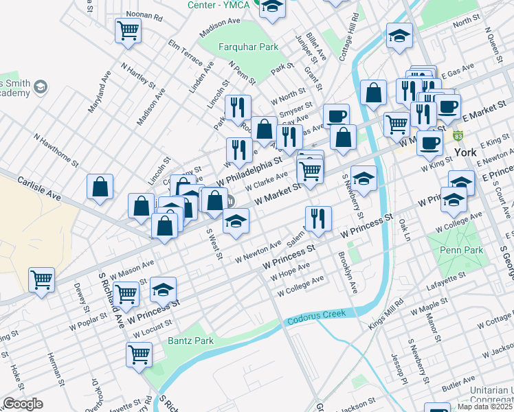 map of restaurants, bars, coffee shops, grocery stores, and more near 484 West Market Street in York