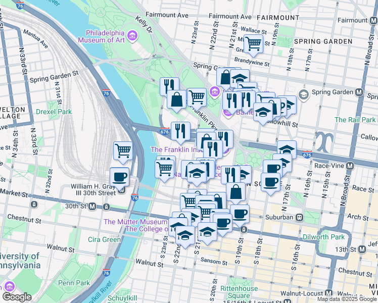 map of restaurants, bars, coffee shops, grocery stores, and more near 214 North 22nd Street in Philadelphia