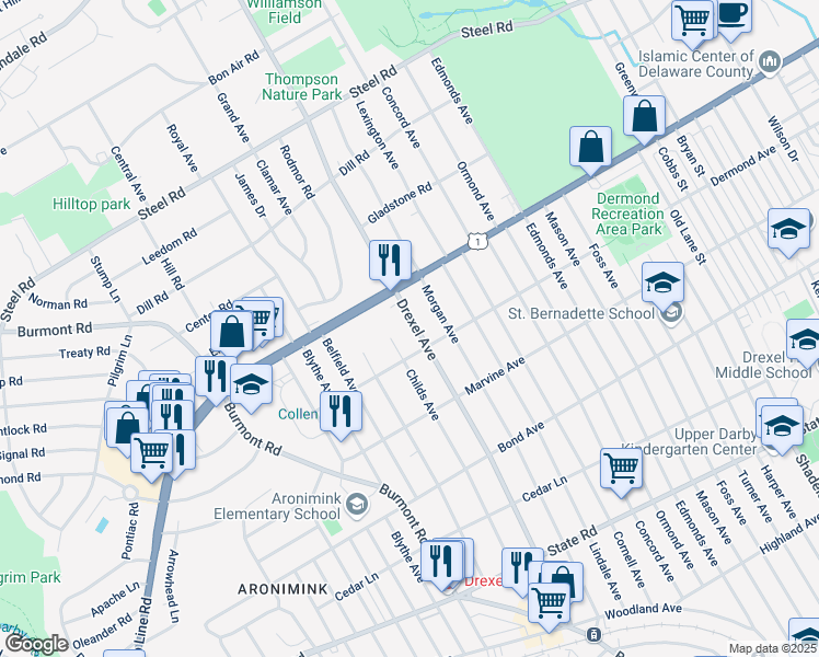map of restaurants, bars, coffee shops, grocery stores, and more near 1212 Drexel Avenue in Drexel Hill