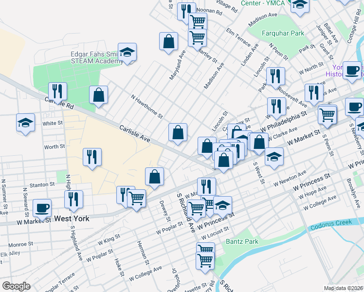map of restaurants, bars, coffee shops, grocery stores, and more near 829 Linden Avenue in York