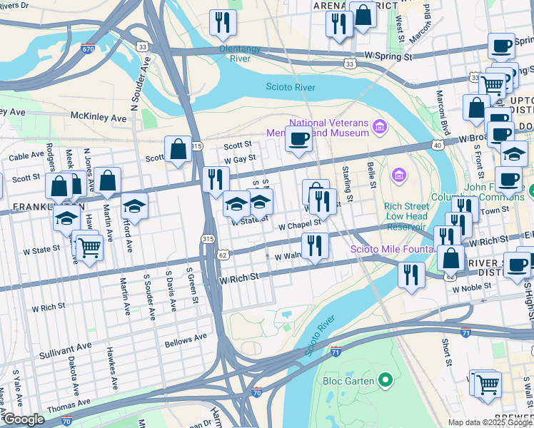 map of restaurants, bars, coffee shops, grocery stores, and more near 532 West State Street in Columbus