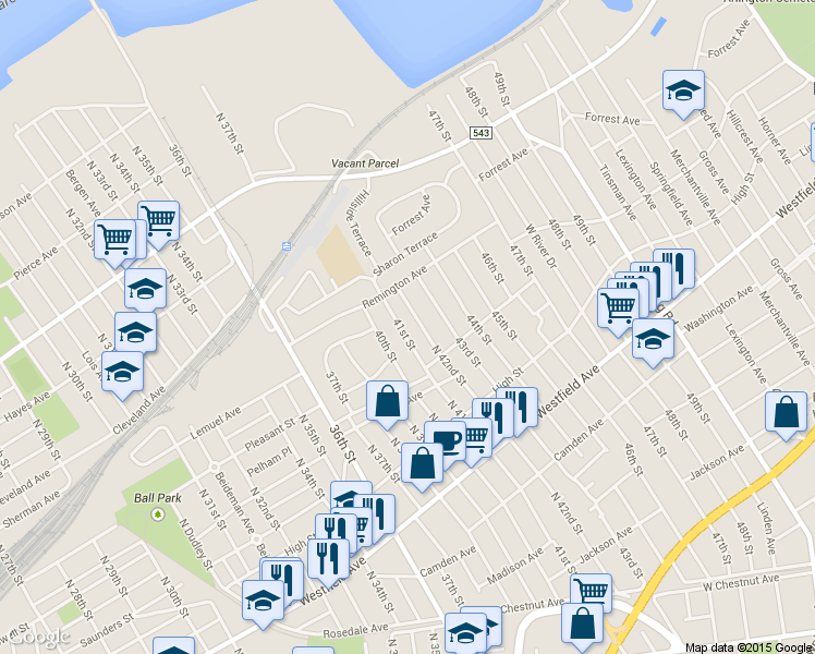 map of restaurants, bars, coffee shops, grocery stores, and more near 1720 41st Street in Pennsauken Township