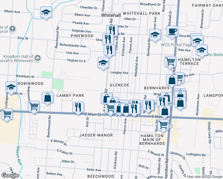 map of restaurants, bars, coffee shops, grocery stores, and more near 769 Elaine Road in Columbus