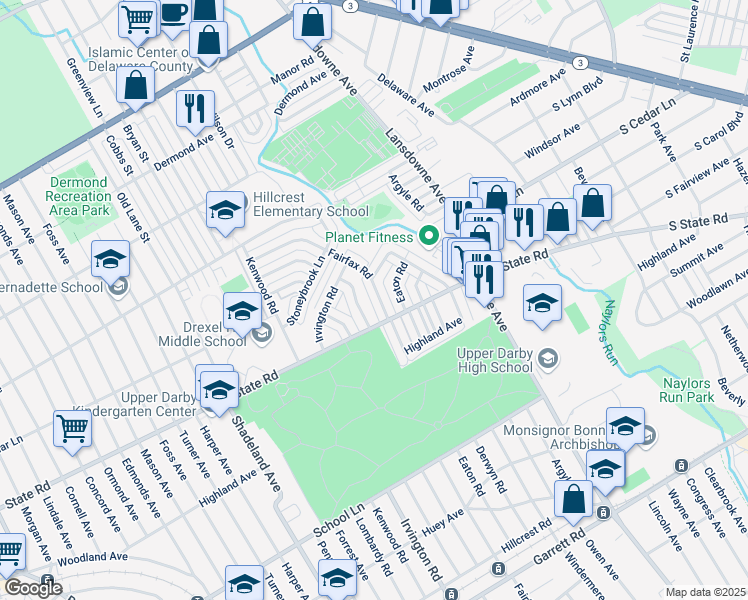 map of restaurants, bars, coffee shops, grocery stores, and more near 826 Fairfax Road in Drexel Hill