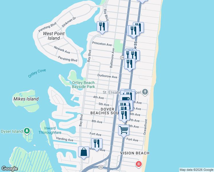 map of restaurants, bars, coffee shops, grocery stores, and more near 219 Shuster Avenue in Seaside Heights