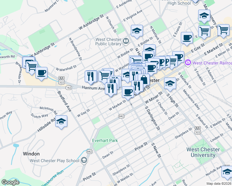 map of restaurants, bars, coffee shops, grocery stores, and more near 329 Granite Alley in West Chester