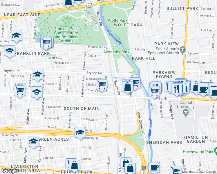 map of restaurants, bars, coffee shops, grocery stores, and more near 440 Rhoads Avenue in Columbus