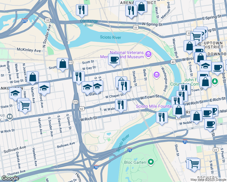 map of restaurants, bars, coffee shops, grocery stores, and more near 481 West State Street in Columbus