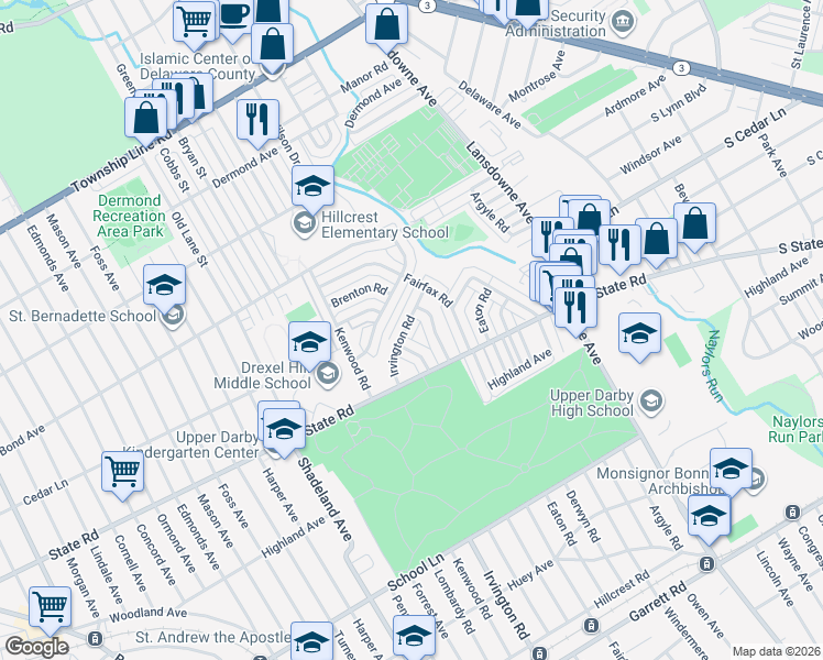 map of restaurants, bars, coffee shops, grocery stores, and more near 2554 Irvington Road in Drexel Hill