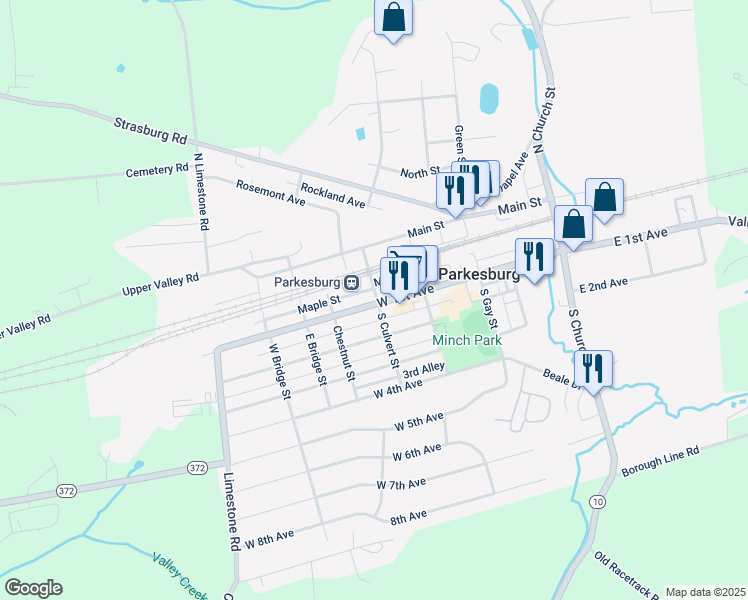 map of restaurants, bars, coffee shops, grocery stores, and more near 503 West 1st Avenue in Parkesburg