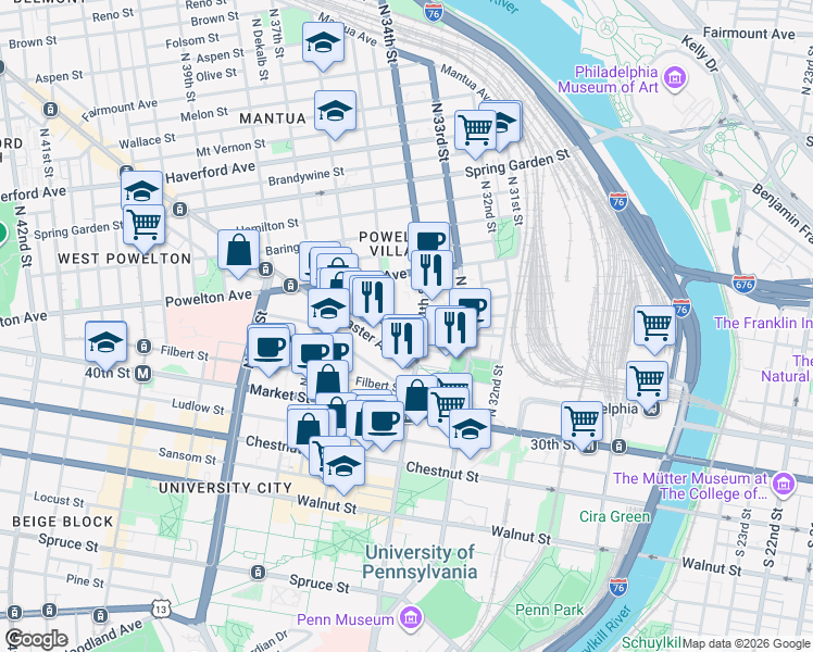 map of restaurants, bars, coffee shops, grocery stores, and more near 3416 Race Street in Philadelphia