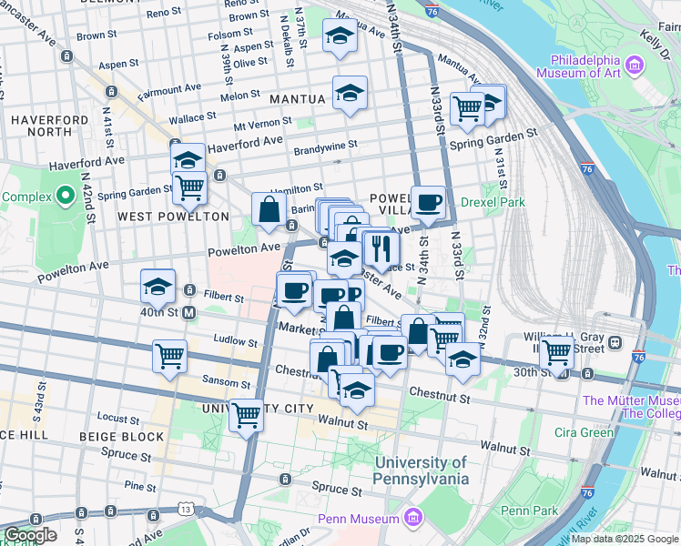 map of restaurants, bars, coffee shops, grocery stores, and more near 3639 Warren Street in Philadelphia