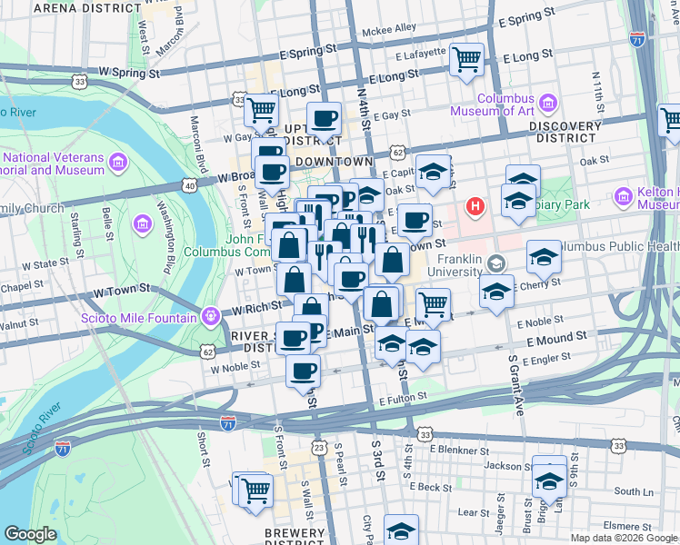 map of restaurants, bars, coffee shops, grocery stores, and more near 191 South 3rd Street in Columbus