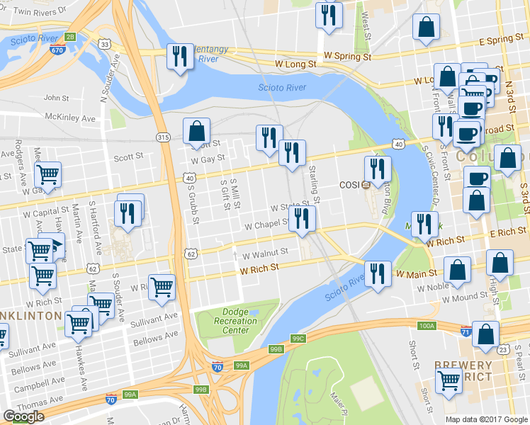 map of restaurants, bars, coffee shops, grocery stores, and more near 481 West State Street in Columbus
