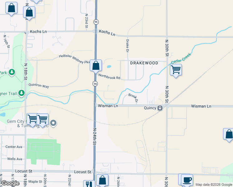 map of restaurants, bars, coffee shops, grocery stores, and more near 2607 Brook Drive in Quincy