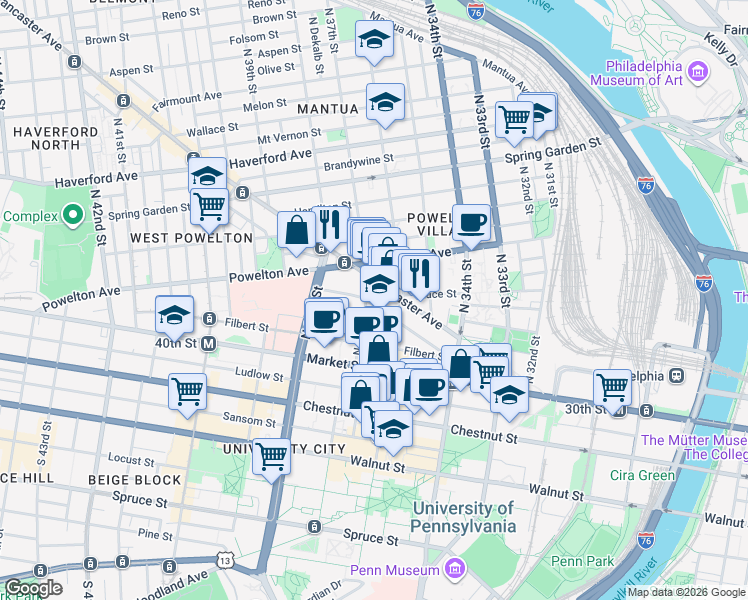 map of restaurants, bars, coffee shops, grocery stores, and more near in Philadelphia