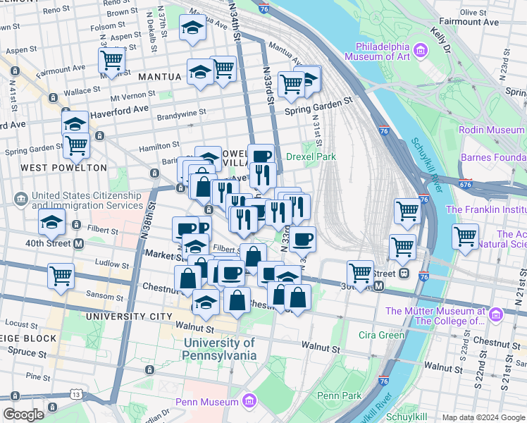 map of restaurants, bars, coffee shops, grocery stores, and more near 3314 Race Street in Philadelphia