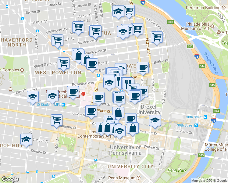 map of restaurants, bars, coffee shops, grocery stores, and more near 3639 Warren Street in Philadelphia