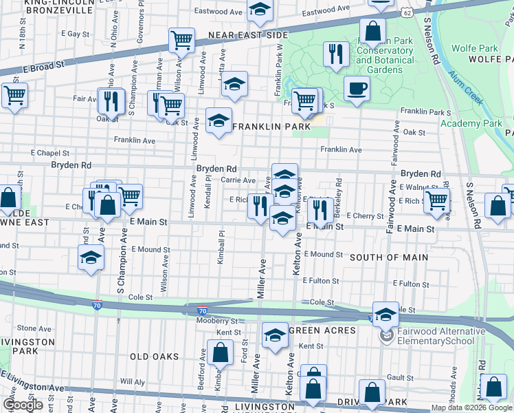 map of restaurants, bars, coffee shops, grocery stores, and more near 392 Miller Avenue in Columbus