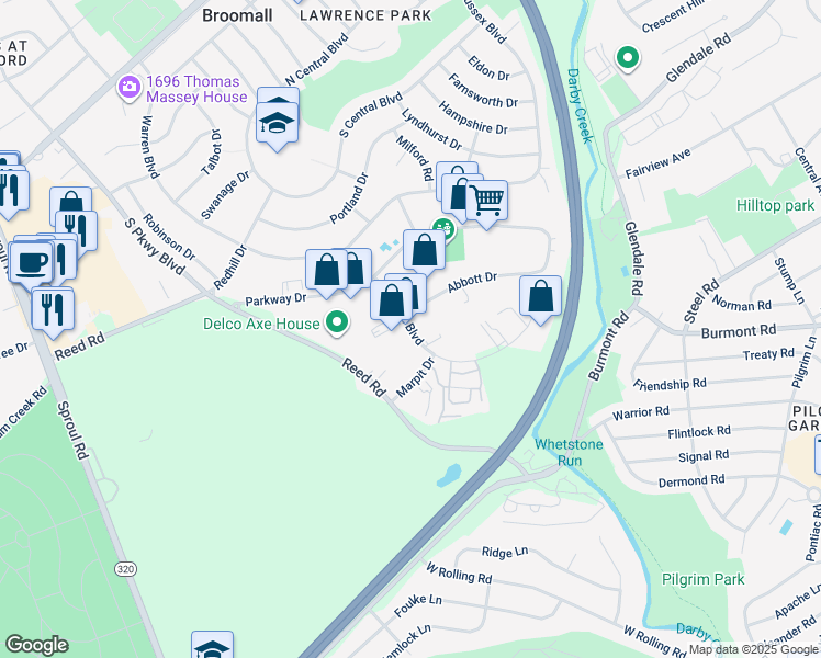 map of restaurants, bars, coffee shops, grocery stores, and more near 1005 Sussex Blvd in Broomall