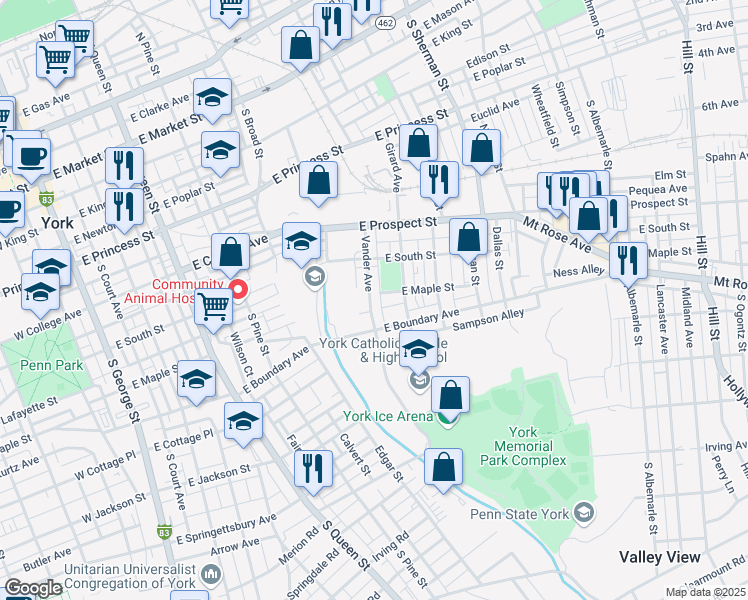 map of restaurants, bars, coffee shops, grocery stores, and more near 707 Vander Avenue in York