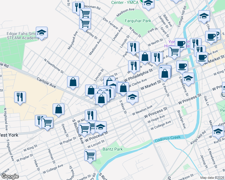 map of restaurants, bars, coffee shops, grocery stores, and more near 626 West Philadelphia Street in York