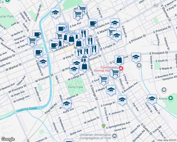 map of restaurants, bars, coffee shops, grocery stores, and more near 11 East College Avenue in York