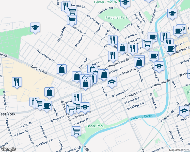 map of restaurants, bars, coffee shops, grocery stores, and more near 610 West Philadelphia Street in York